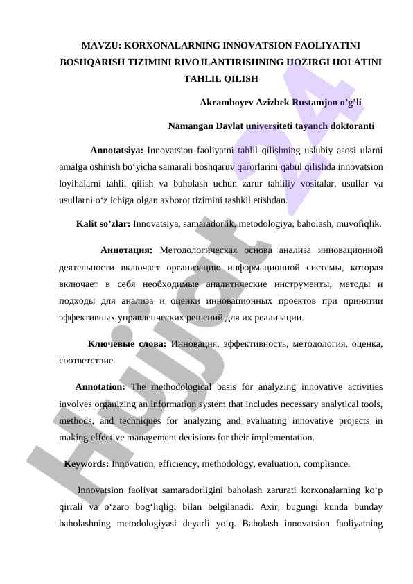 Korxonalarning innovatsion faoliyatini boshqarish tizimi
