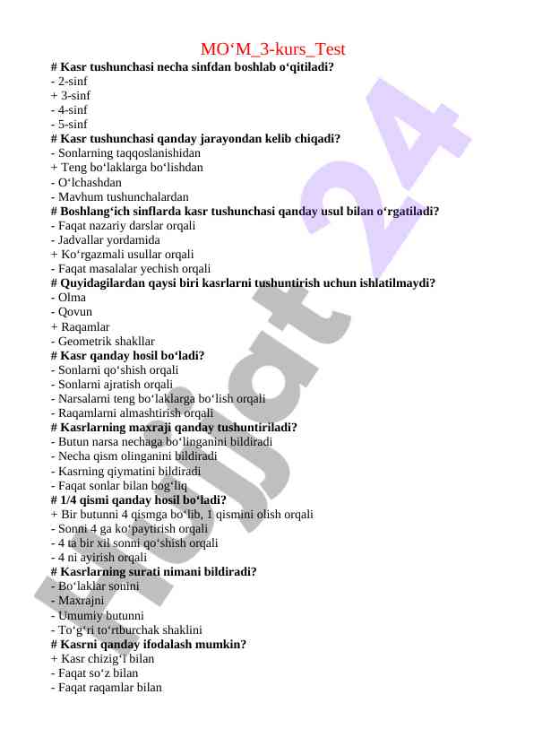 Kasr tushunchasi o‘qitilishi uchun test savollari