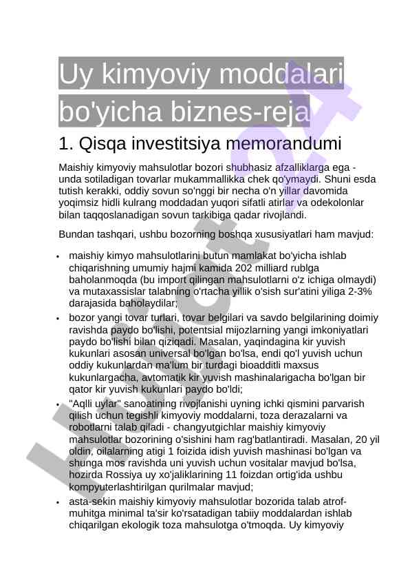 Investitsiya memorandumi maishiy kimyoviy mahsulotlar bozori