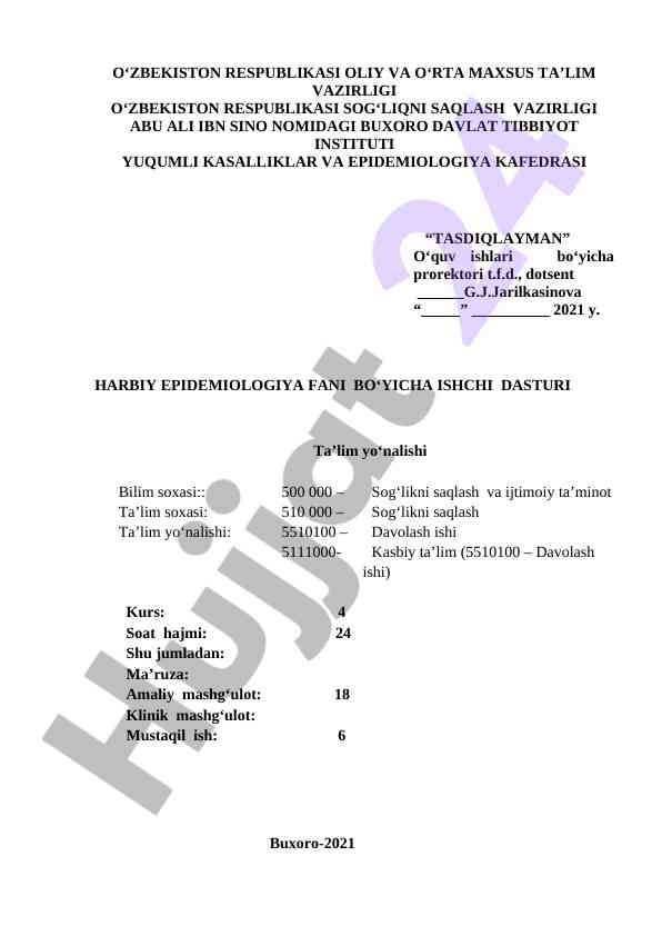 Harbiy epidemiologiya fani bo‘yicha ishchi dasturi