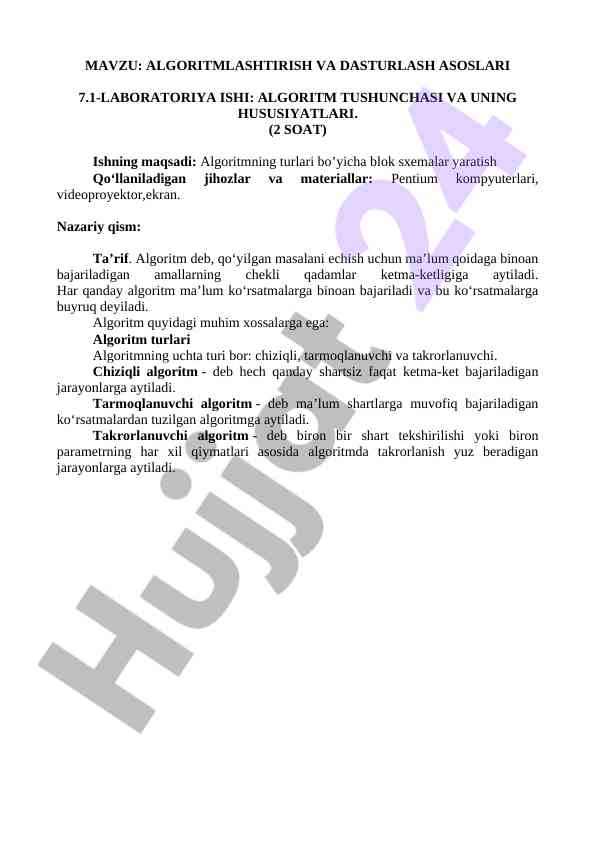 Algoritmlashtirish va dasturlash asoslari laboratoriya ish