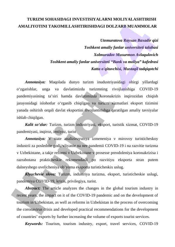 Turizm sohasidagi investisiyalarning moliya amaliyoti
