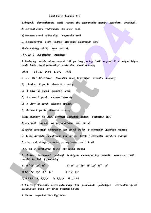 Kimyo fanidan test savollari va javoblari