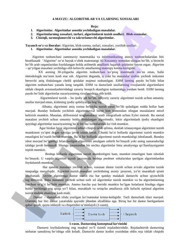 Algoritmlar va ularning xossalari haqida ma'lumotlar