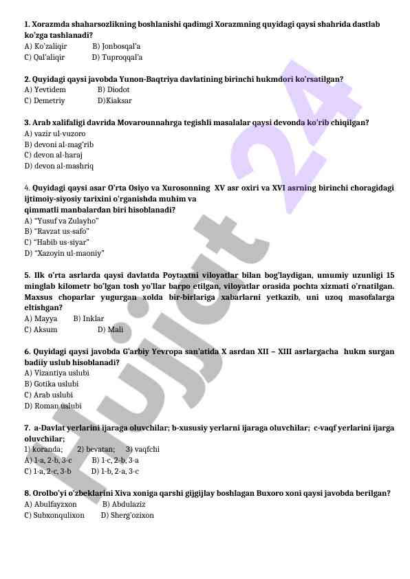 Xorazm tarixi va arab xalifaligi savollari