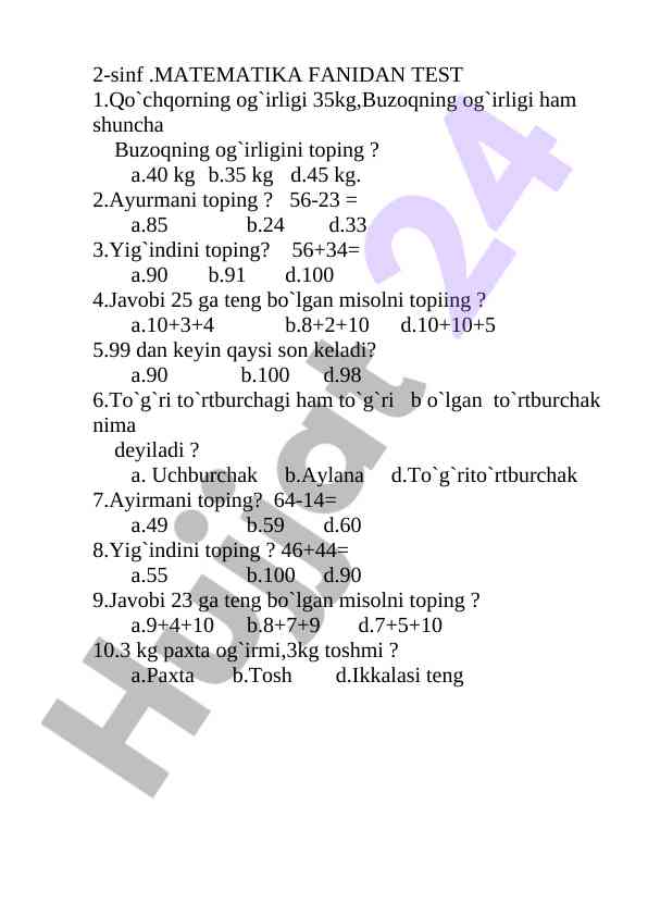 2-sinf matematikadan test savollari o‘qituvchilar uchun