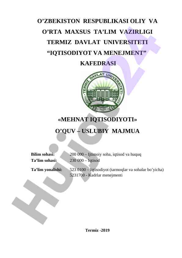Mehnat iqtisodiyoti o‘quv – usuliy majmua