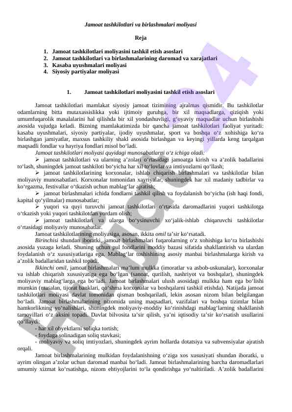 Jamoat tashkilotlari moliyasi asoslari va tashkiliy shakllar