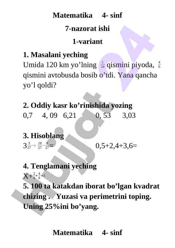 Matematika 4-sinf nazorat ishlari piyoda va avtobus