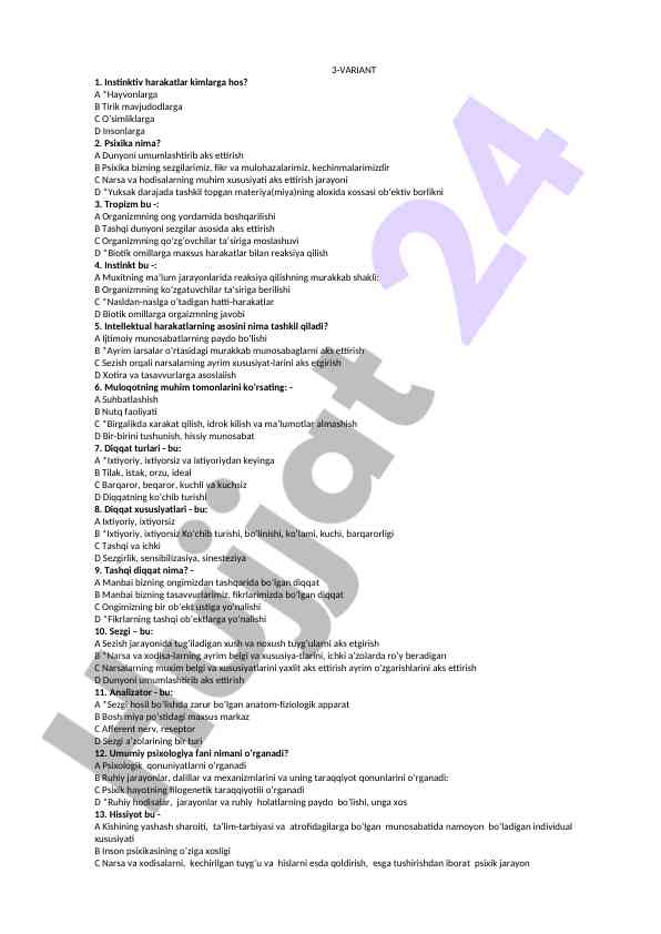 Psixika va instinktiv harakatlar bo'yicha test