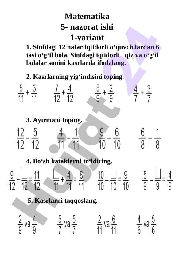Matematika nazorat ishlari bo'yicha savollar