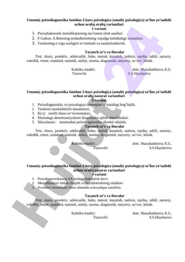 Psixodiagnostika fanidan oraliq nazorat variantlari