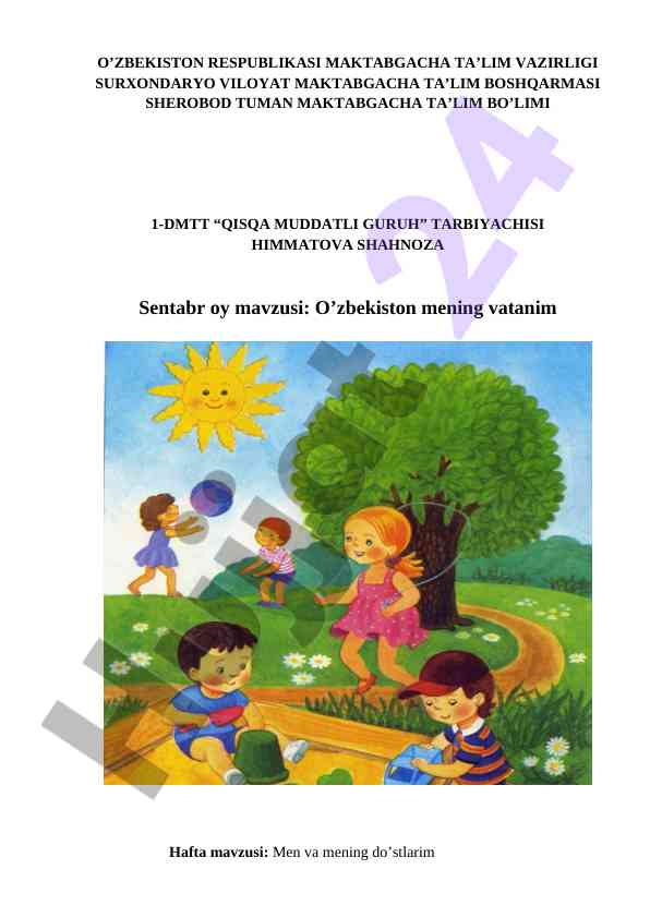 Oʻzbekiston mening vatanim mavzusidagi dars ishlanmasi