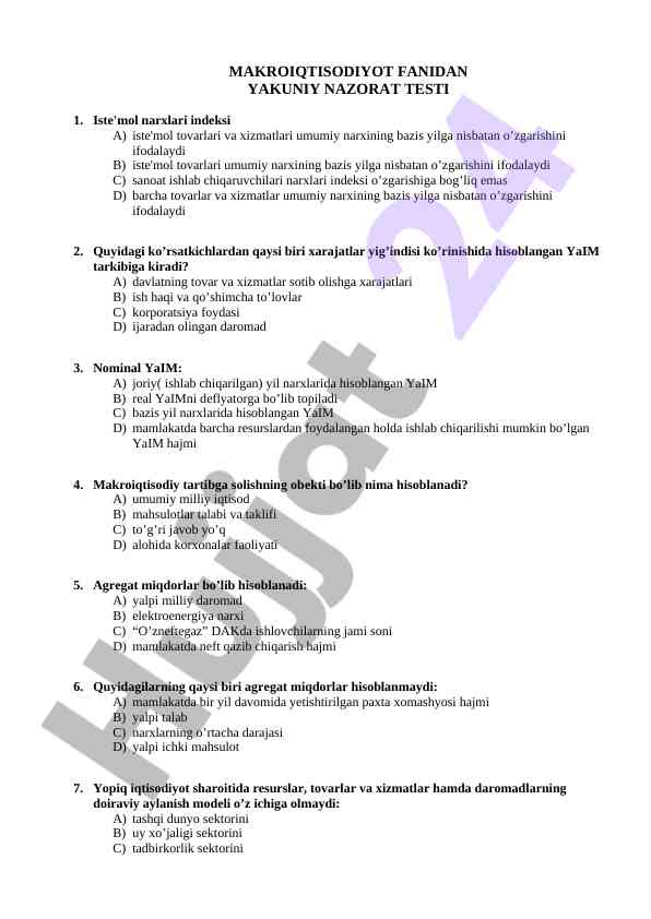 Makroiqtisodiy test: yaqin nazorat savollari