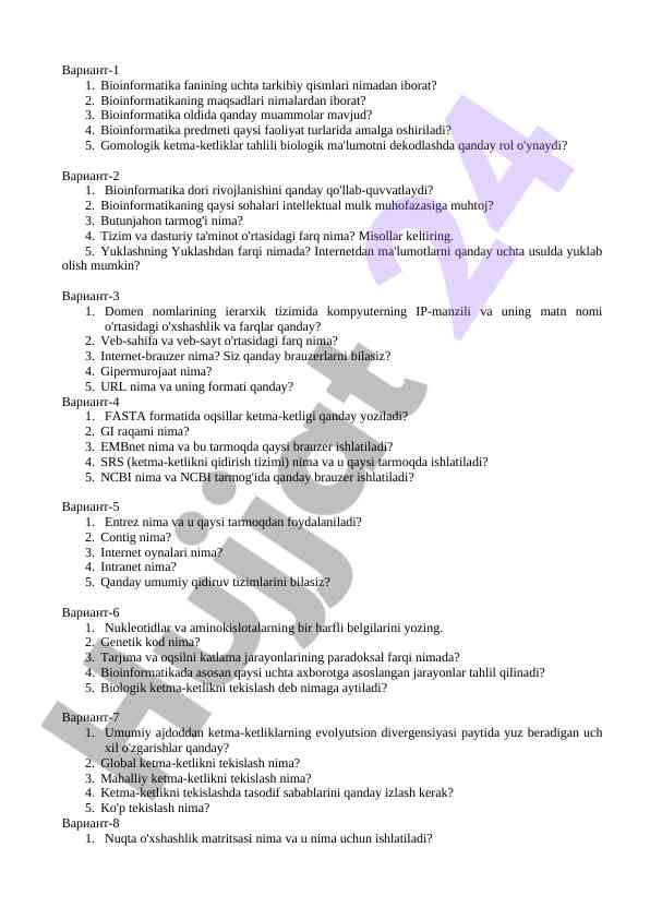 Bioinformatika fanining asosiy savollari