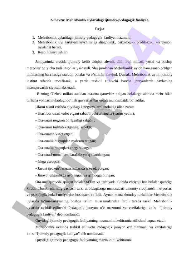 Mehribonlik uylaridagi ijtimoiy-pedagogik faoliyat