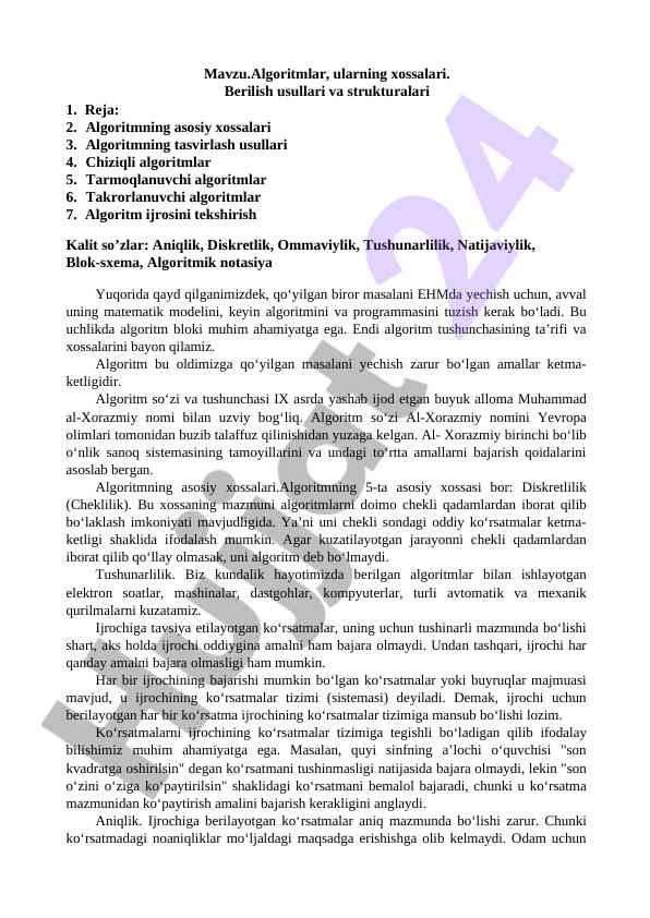Algoritmlar va ularning xossalari