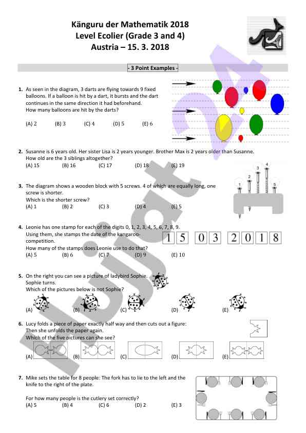 Mathematics känguru competition grade 3 and 4 questions