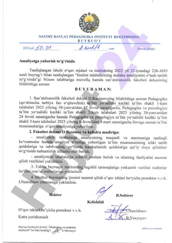 Talabalar amaliyoti to'g'risida nizom tasdiqlash