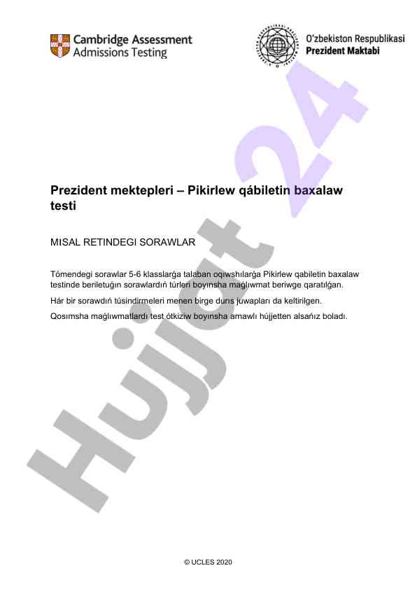 Pikirlew qábiletin baxalaw testi mısal retindegi sorawlar