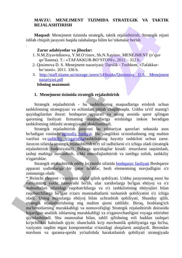 Menejment tizimida strategik va taktik rejalashtirish