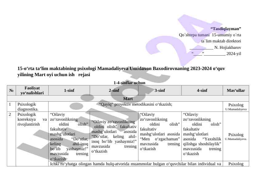 Psixologik ta'lim rejasi 2023-2024 o'qish yili