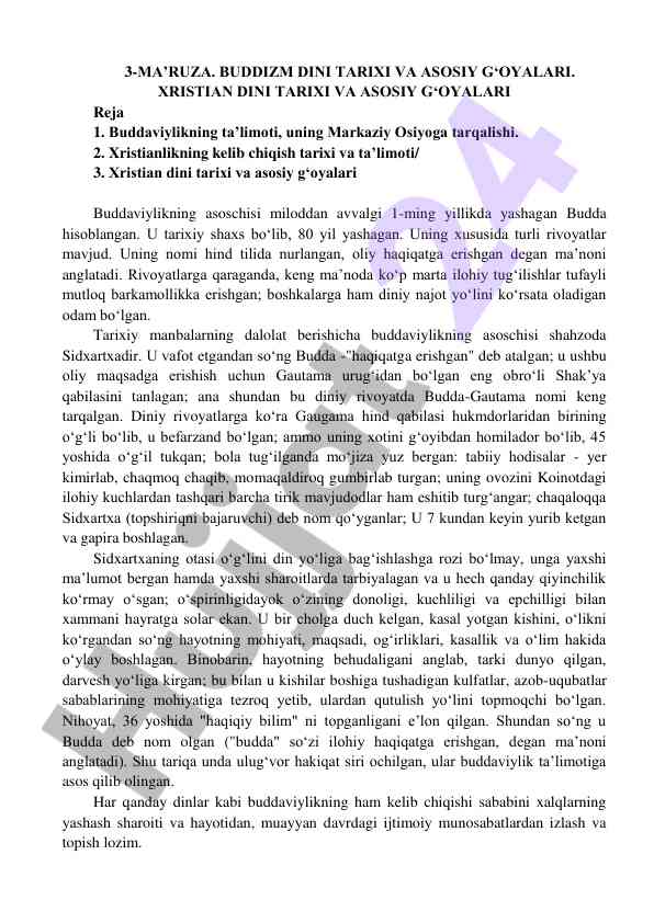 Budda va xristianlik tarixi asosiy g‘oyalari