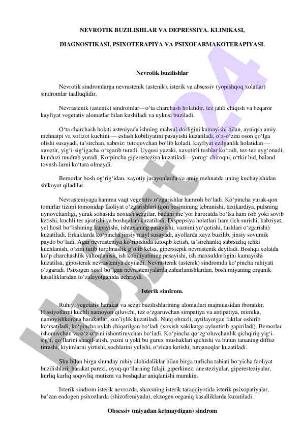 Nevrotik buzilishlar va depressiya klinikasi