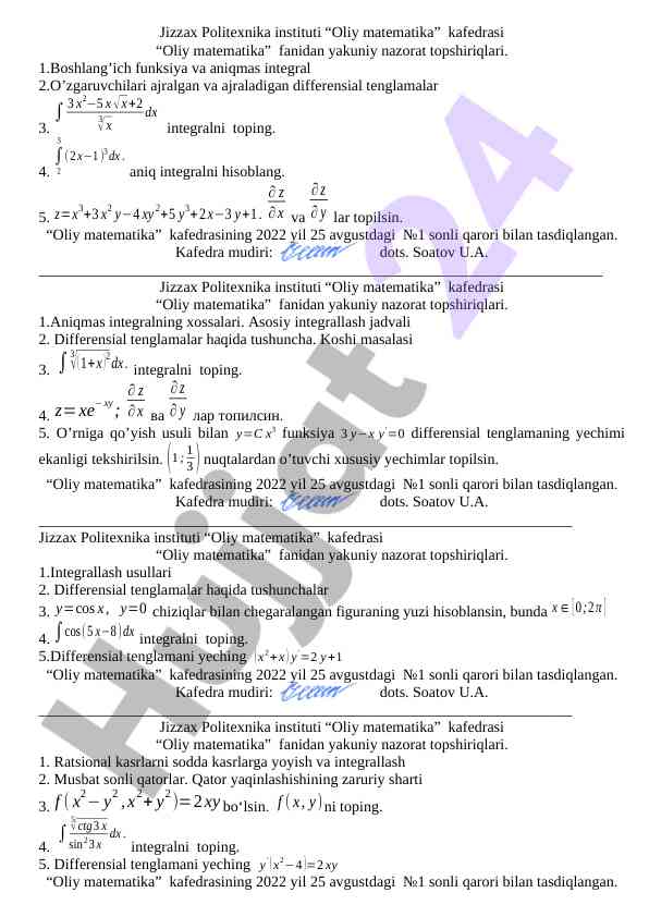 Oliy matematika fanidan yakuniy nazorat topshiriqlari