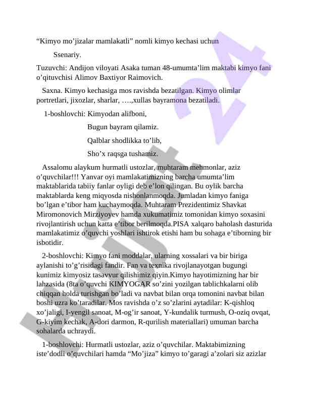 Kimyo mo’jizalar mamlakatli kechasi ssenariysi