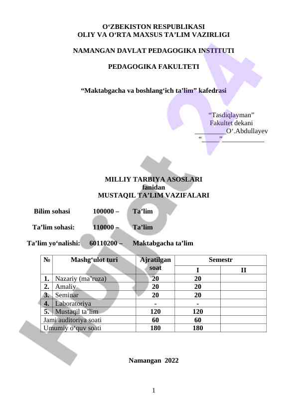 Mustaqil ta'lim vazifalari fanidan reja