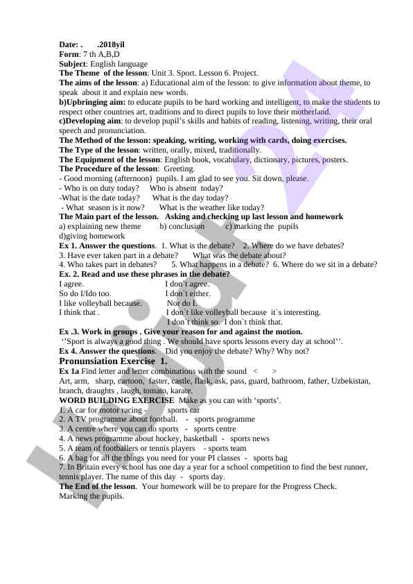 English language unit 3 sport lesson 6 project
