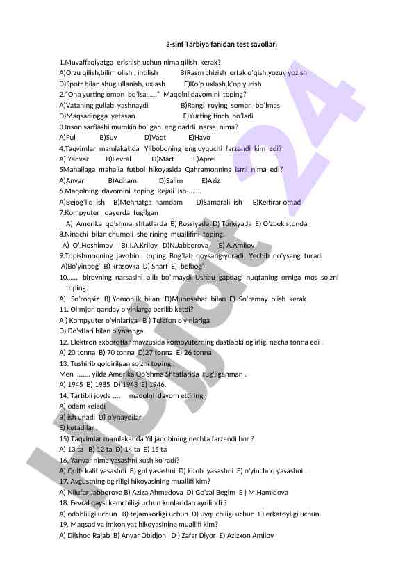 3-sinf tarbiya fanidan test savollari