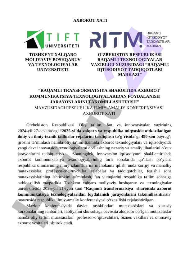Raqamli transformatsiya sharoitida axborot texnologiyalari