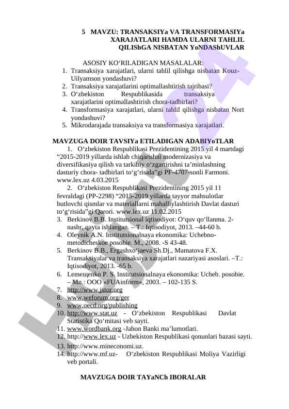 Transaksiya va transformasiya xarajatlarini tahlil qilish