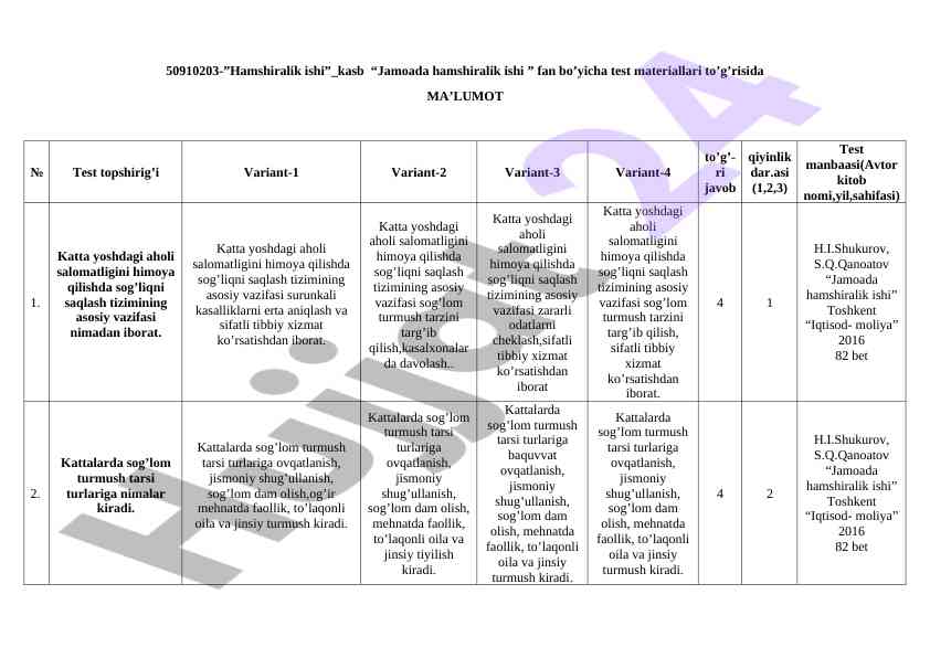 Hamshiralik ishiga doir test materiallari