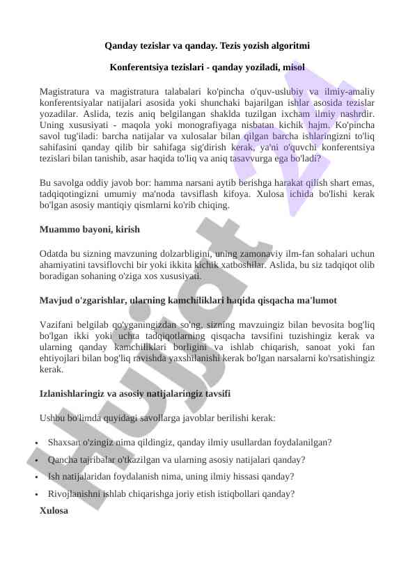 Tezislar yozish algoritmi va misollar