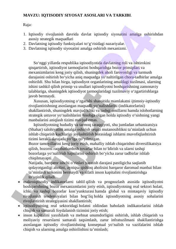 Iqtisodiy siyosat asoslari va tarkibi tahlili