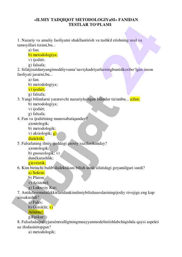 Ilmiy tadqiqot metodologiyasi testlar to'plami