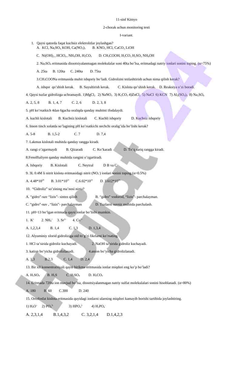 11-sinf kimyo monitoring testi i-variant