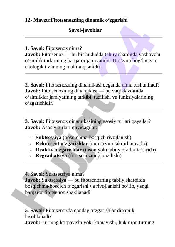 Fitotsenozning dinamik o‘zgarishi haqida ma'lumotlar