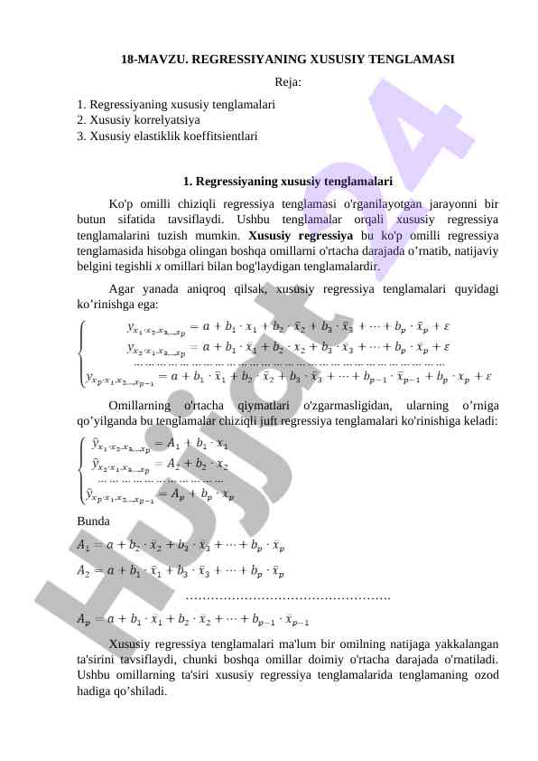 Regressiyaning xususiy tenglamalari tahlili