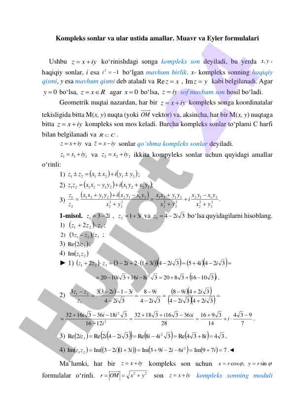 Kompleks sonlar va ular ustida amallar tahlili