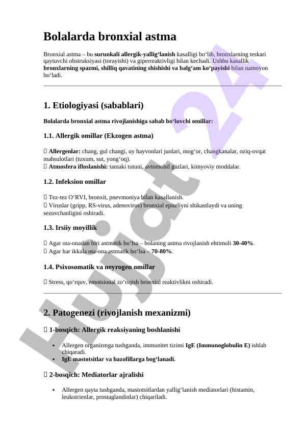 Bolalarda bronxial astma va uning etiologiyasi