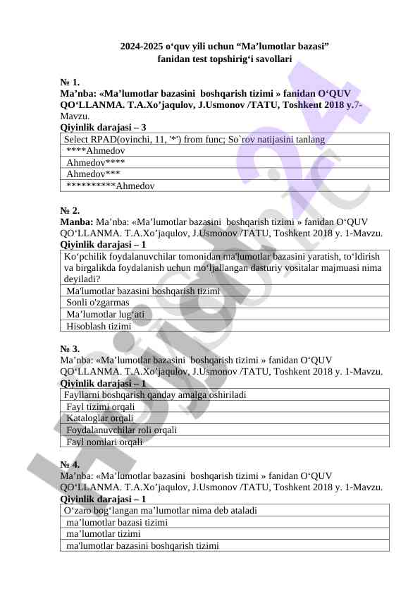 Ma’lumotlar bazasi fanidan test topsirish savollari