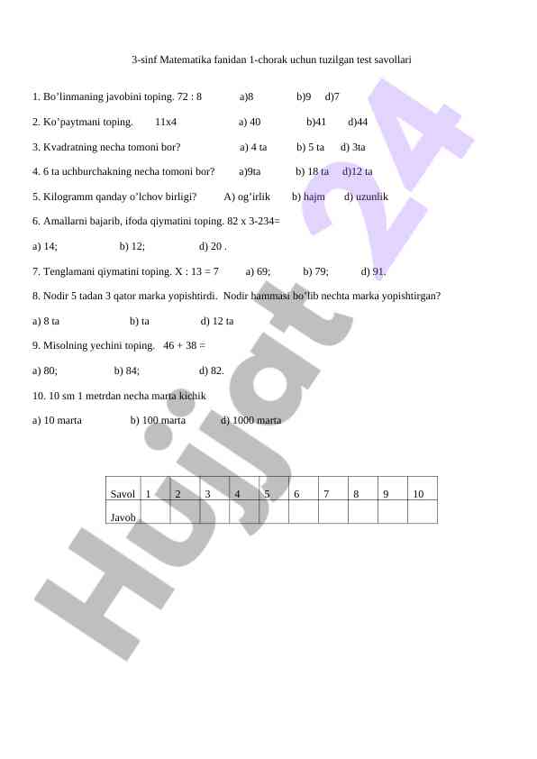 3-sinf matematikadan test savollari