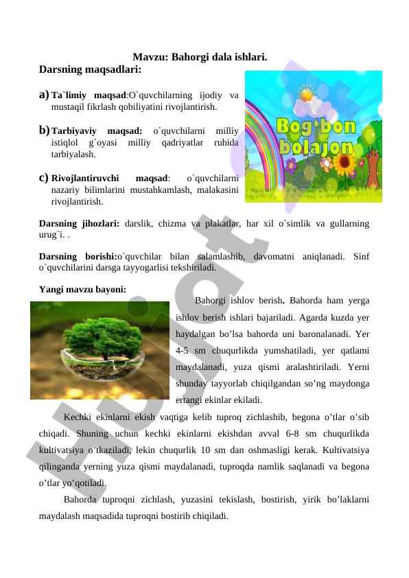 Bahorgi dala ishlari darsining maqsadlari