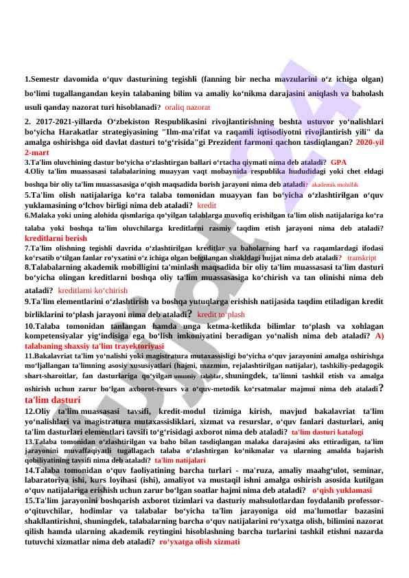 O‘quv dasturlari va nazorat turlari haqida ma'lumot