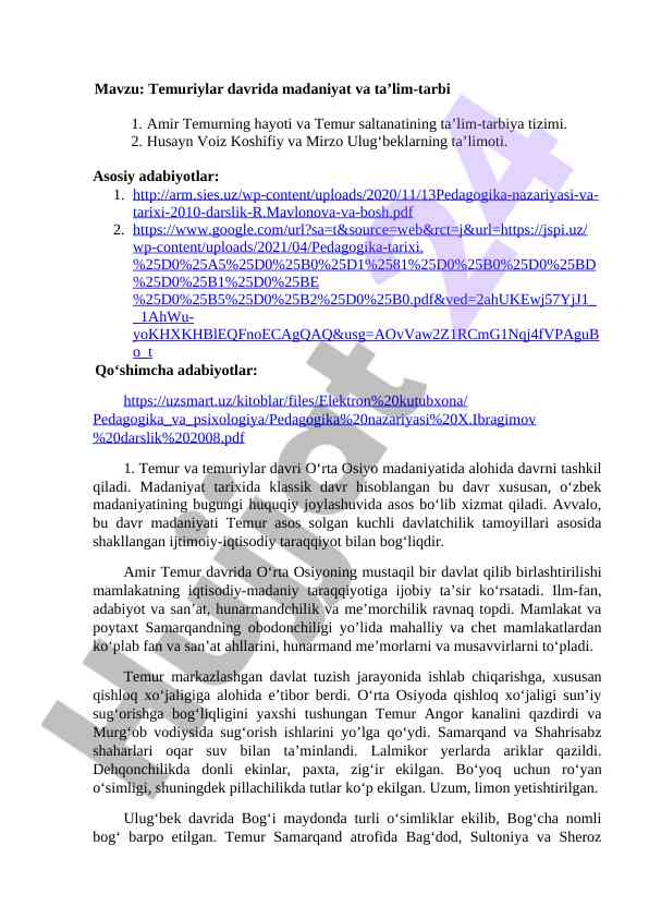Temuriylar davrida madaniyat va ta’lim-tarbiya
