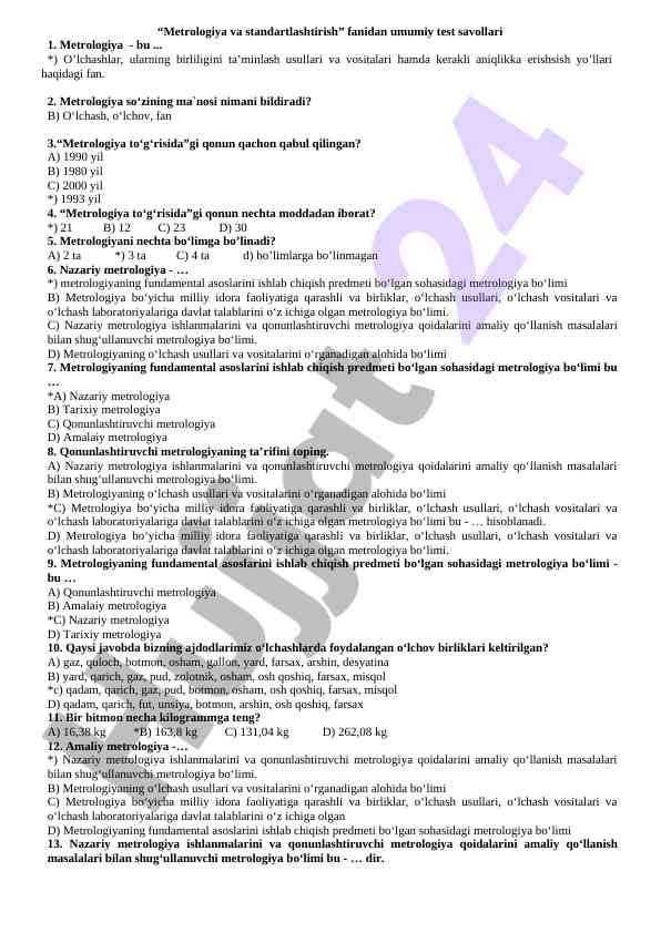 Metrologiya va standartlashtirish fanidan test savollari